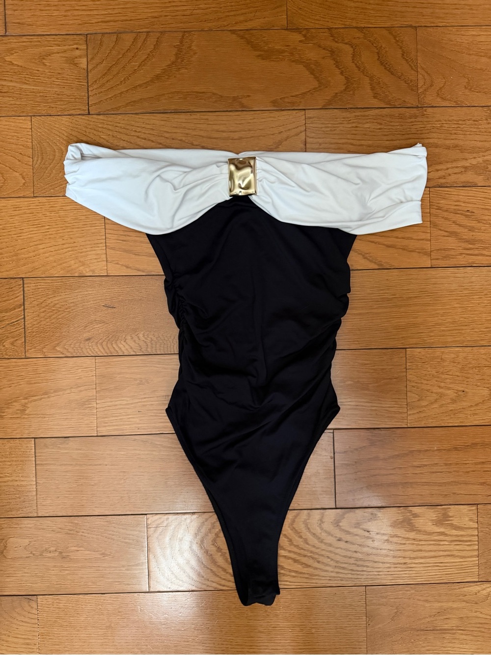 Zara Black and White Off-Shoulder Bodysuit with Gold Buckle